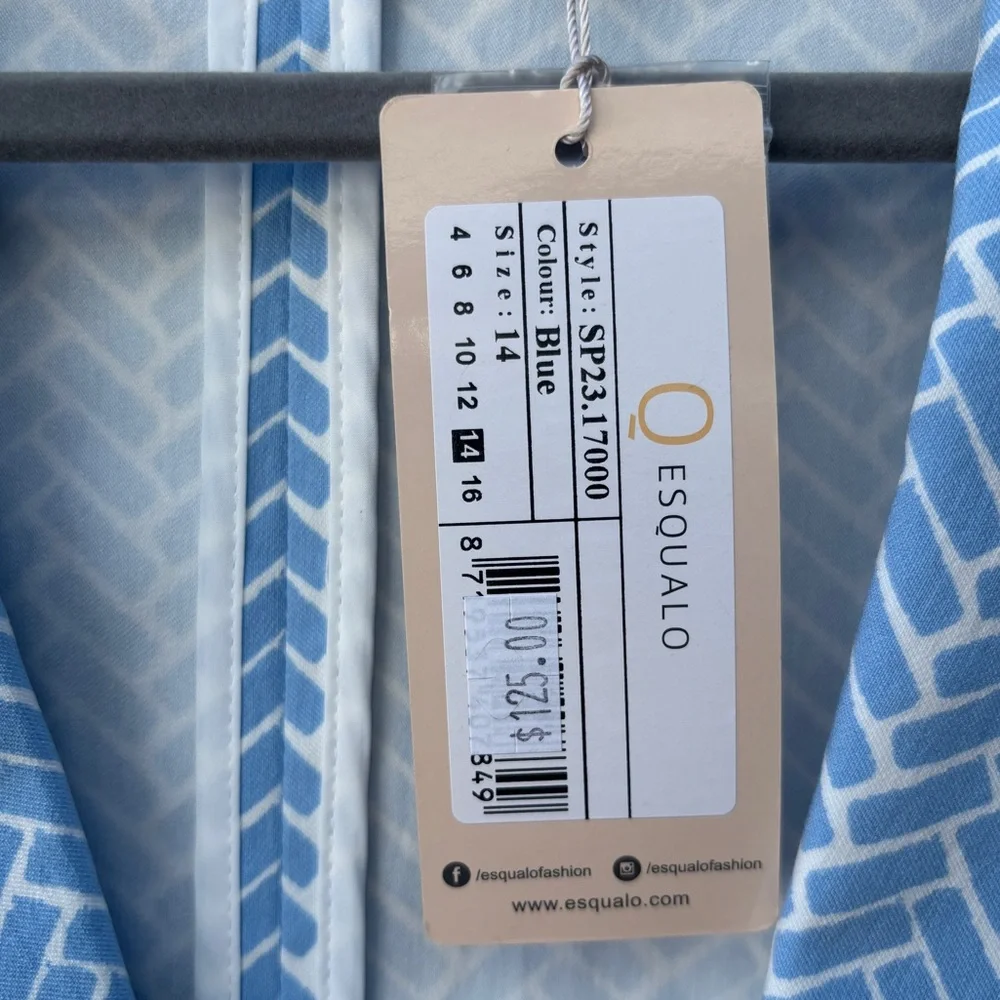 Esqualo Women’s 14 Stretch Block Print Light Blue & White Lightweight Blazer NWT
